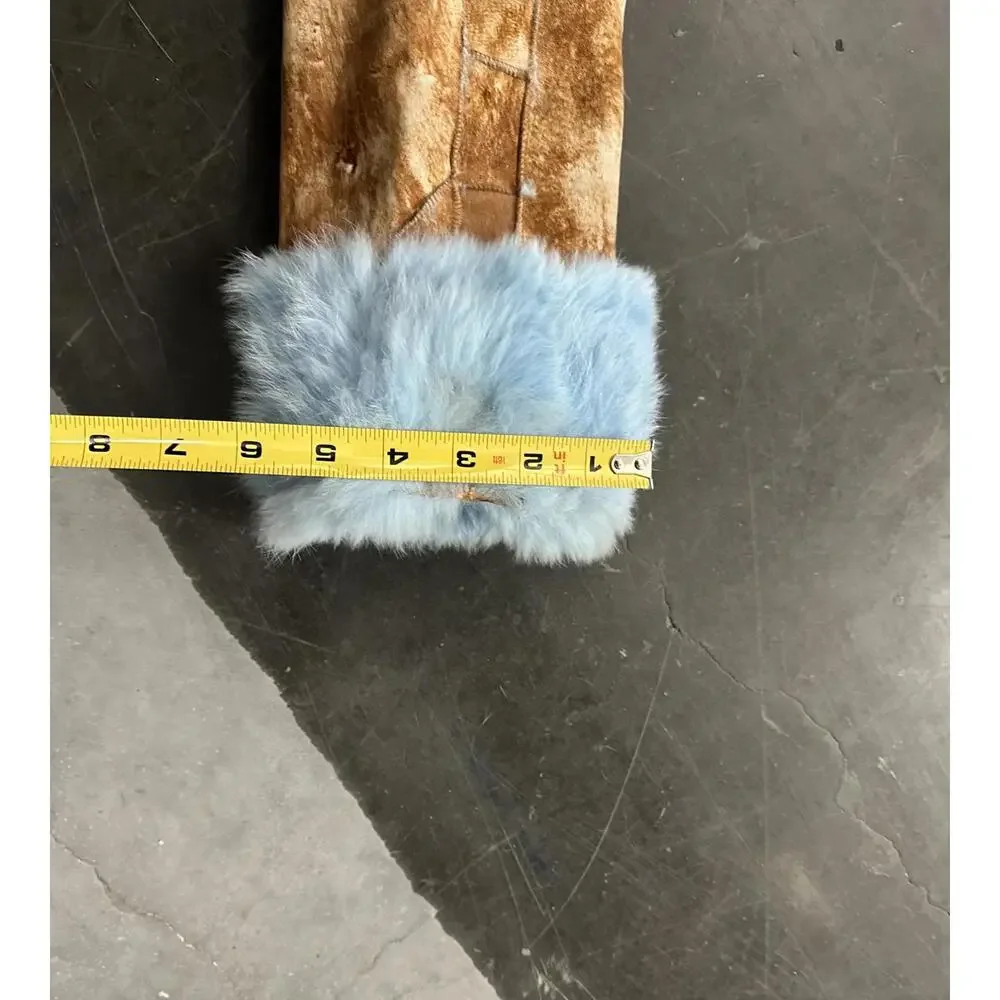 Vintage Long Rabbit Fur Trimmed Coat with Blue Accents - Size small to medium - Picture 5 of 8